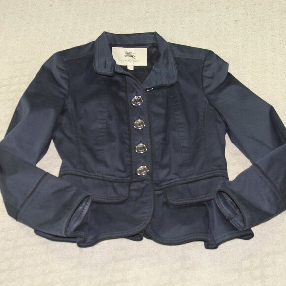 Burberry Women's Size 6 Navy Blue Cotton Scalloped Peplum Large Silver B… - Picture 1 of 7